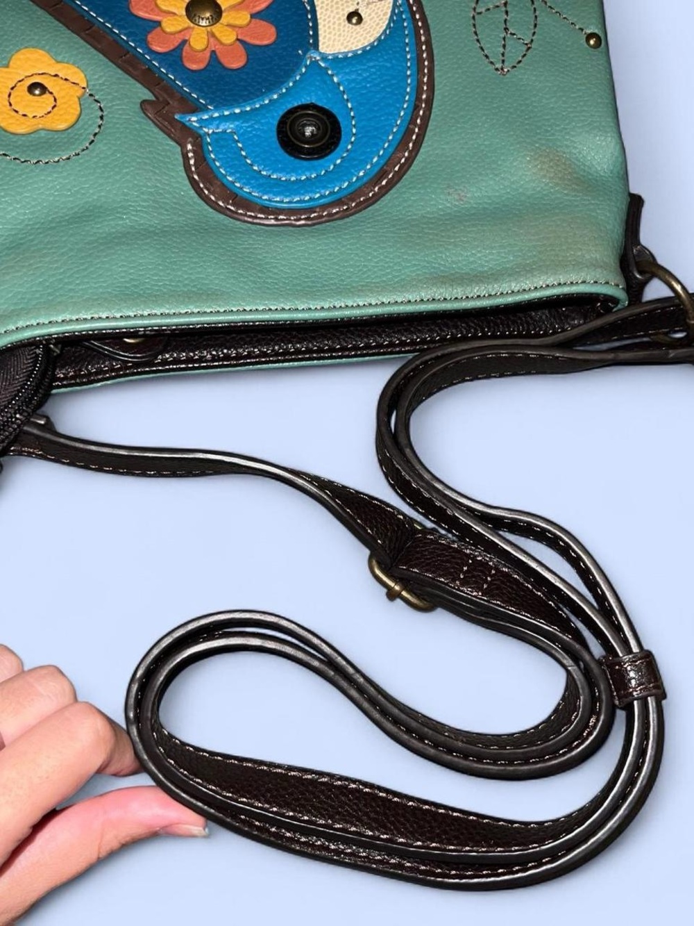 Chala Teal Crossbody with Blue Bird Appliqué - Picture 4 of 7
